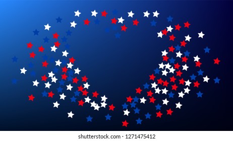 USA Independence Day. Colors of American Flag. Red, Blue and White Stars on Blue Gradient Background. Invitation Background. Banner, Christmas and New Year card, Postcard, Packaging, Textile Print.