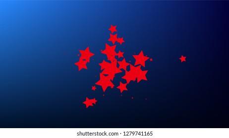 USA Independence Day. Colors of American Flag. Red, Blue and White Stars on Blue Gradient Background. Abstract Background with Many Random Falling Stars Confetti on Blue Background. 