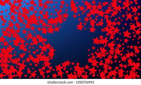 USA Independence Day. Colors of American Flag. Red, Blue and White Stars on Blue Gradient Background. Invitation Background. Banner, Christmas and New Year card, Postcard, Packaging, Textile Print.