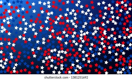 USA Independence Day. Colors of American Flag. Red, Blue and White Stars on Blue Gradient Background. Invitation Background. Banner, Christmas and New Year card, Postcard, Packaging, Textile Print.