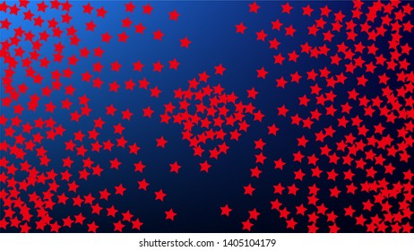 USA Independence Day. Colors of American Flag. Red, Blue and White Stars on Blue Gradient Background. Invitation Background. Banner, Christmas and New Year card, Postcard, Packaging, Textile Print.