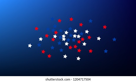 USA Independence Day. Colours of American Flag. Red, Blue and White Stars on Blue Gradient Background. Abstract Background with Many Random Falling Stars Confetti on Blue Background. 