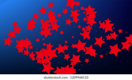 USA Independence Day. Colours of American Flag. Red, Blue and White Stars on Blue Gradient Background. Abstract Background with Many Random Falling Stars Confetti on Blue Background. 