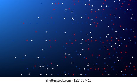 USA Independence Day. Colours of American Flag. . Abstract Background with Many Random Falling Stars Confetti on Blue Background. 