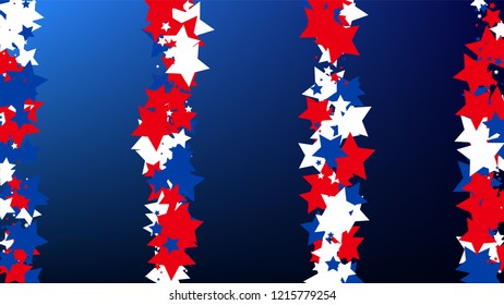 USA Independence Day. Colours of American Flag. Red, Blue and White Stars on Blue Gradient Background. Invitation Background. Banner, Christmas and New Year card, Postcard, Packaging, Textile Print.