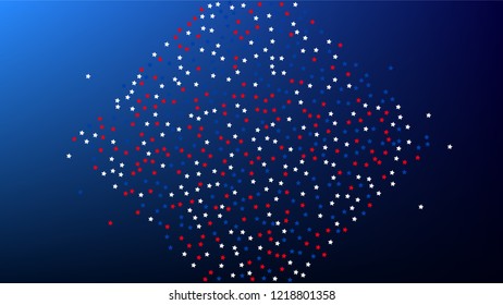 USA Independence Day. Colours of American Flag. Red, Blue and White Stars on Blue Gradient Background. Invitation Background. Banner, Christmas and New Year card, Postcard, Packaging, Textile Print.