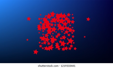 USA Independence Day. Colours of American Flag. Red, Blue and White Stars on Blue Gradient Background. Abstract Background with Many Random Falling Stars Confetti on Blue Background. 
