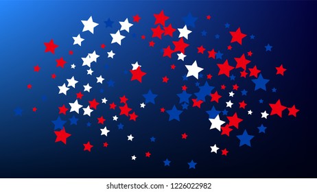USA Independence Day. Colours of American Flag. . Abstract Background with Many Random Falling Stars Confetti on Blue Background. 