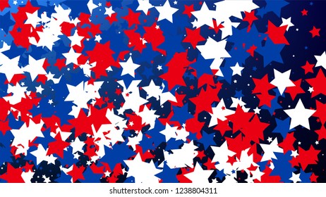 USA Independence Day. Colours of American Flag. Red, Blue and White Stars on Blue Gradient Background. Invitation Background. Banner, Christmas and New Year card, Postcard, Packaging, Textile Print.