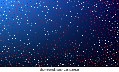 USA Independence Day. Colours of American Flag. . Abstract Background with Many Random Falling Stars Confetti on Blue Background. 