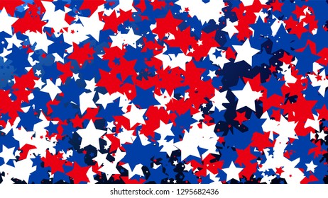 USA Independence Day. Colours of American Flag. Red, Blue and White Stars on Blue Gradient Background. Invitation Background. Banner, Christmas and New Year card, Postcard, Packaging, Textile Print.