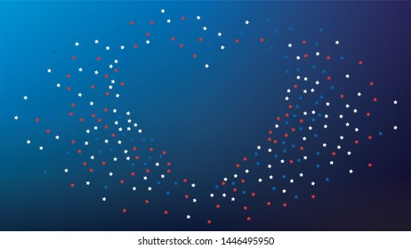 USA Independence Day. Colours of American Flag. Red, Blue and White Stars on Blue Gradient Background. Abstract Background with Many Random Falling Stars Confetti on Blue Background. 