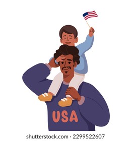 USA Independence Day concept with the best father and son on their shoulders in cartoon style for print and decoration. Vector illustration.