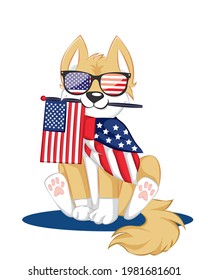 USA independence day concept. Dog Looking Cute in Stars and Stripes Flag Sunglasses.