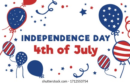 USA Independence day deisgn template with flying ballons in colors of national flag. Hand drawn vector sketch illustration