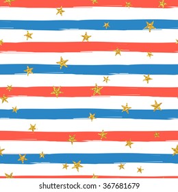 USA Independence day festive vector repeatable pattern based on american flag. Stripes with gold stars