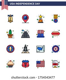 USA Independence Day Flat Filled Line Set of 16 USA Pictograms of plant; cactus; achievement; military; badge Editable USA Day Vector Design Elements