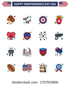 USA Independence Day Flat Filled Line Set of 16 USA Pictograms of american; heart; police; food; french fries Editable USA Day Vector Design Elements