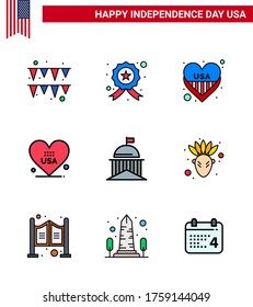 USA Independence Day Flat Filled Line Set of 9 USA Pictograms of green; city; heart; usa; love Editable USA Day Vector Design Elements