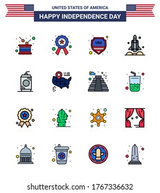 USA Independence Day Flat Filled Line Set of 16 USA Pictograms of usa; spaceship; sign; rocket Vector Design Elements