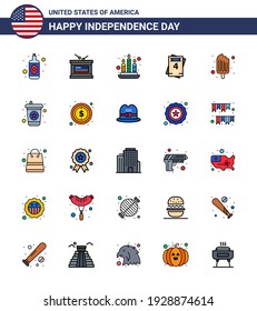 USA Independence Day Flat Filled Line Set of 25 USA Pictograms of beverage; food; fire; cream; wedding Editable USA Day Vector Design Elements