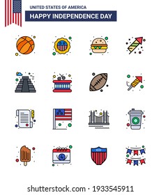 USA Independence Day Flat Filled Line Set of 16 USA Pictograms of landmark; american; burger; holiday; festivity Editable USA Day Vector Design Elements