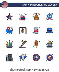 USA Independence Day Flat Filled Line Set of 16 USA Pictograms of map; star; independence; investigating; cash Editable USA Day Vector Design Elements