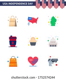 USA Independence Day Flat Set of 9 USA Pictograms of party; usa; cactus; juice; alcohol Editable USA Day Vector Design Elements