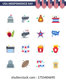 USA Independence Day Flat Set of 16 USA Pictograms of frise; sticks; weapon; instrument; cash Editable USA Day Vector Design Elements