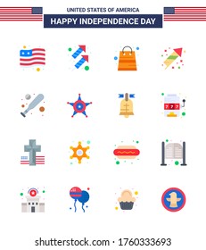 USA Independence Day Flat Set of 16 USA Pictograms of hardball; baseball; money; holiday; festivity Editable USA Day Vector Design Elements