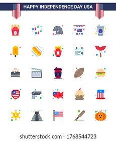 USA Independence Day Flat Set of 25 USA Pictograms of soda; beverage; garland; american; buntings Editable USA Day Vector Design Elements