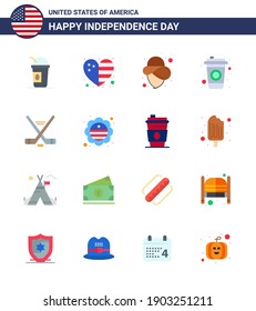USA Independence Day Flat Set de 16 Pictogramas de los Estados Unidos de América; deporte de hielo; ee.uu. hokey; Elementos de diseño de vectores editables por el día USA para cola