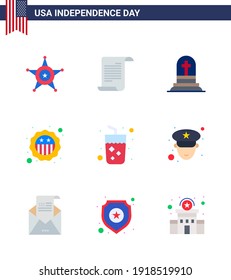 USA Independence Day Flat Set of 9 USA Pictograms of drink; flag; death; badge; american Editable USA Day Vector Design Elements