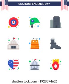 USA Independence Day Flat Set de 9 Pictogramas de paquetes de USA; bolsa; oficina; blanco; Elementos de diseño de vectores para el Día de EE.UU. editables para casa