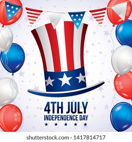 USA independence day fourth of july card with celebration symbols on blue red and white colors vector editable illustration image