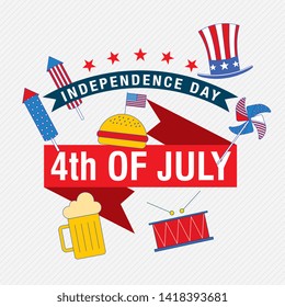 USA independence day fourth of july card with celebration symbols on blue red and white colors vector editable illustration image