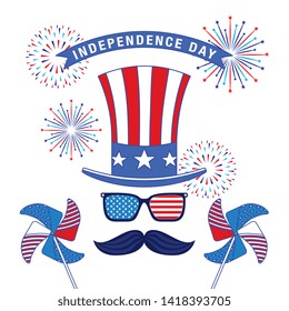 USA independence day fourth of july card with celebration symbols on blue red and white colors vector editable illustration image