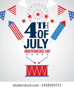 USA independence day fourth of july card with celebration symbols on blue red and white colors vector editable illustration image