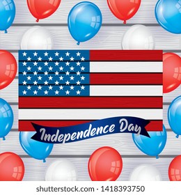 USA independence day fourth of july card with celebration symbols on blue red and white colors vector editable illustration image