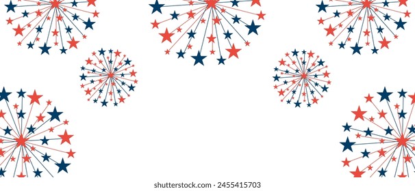 USA Independence Day Frame concept with Fireworks in trendy Minimalism Flat style isolated white background. Holiday banner design with Salutr in color of American flag. Vector can used Web banner