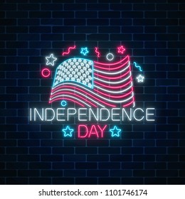 USA independence day glowing neon sign with flowing usa flag and text. National united states holiday greeting card in neon style. 4th july holiday banner. Vector illustration.