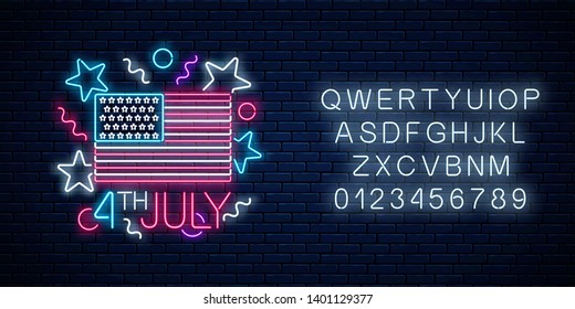 USA independence day glowing neon sign with usa flag and alphabet on dark brick wall background. National united states holiday greeting card. 4th july holiday banner. Vector illustration.