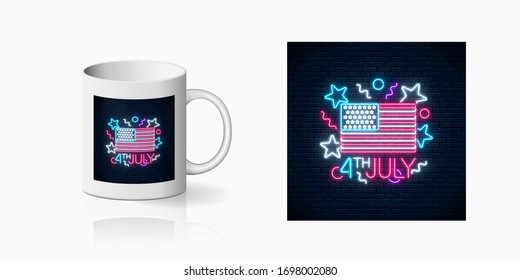 USA independence day glowing neon sign with usa flag and text for cup design. National united states holiday design, banner in neon style on mug mockup. 4th july holiday. Vector shiny design element