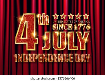 USA Independence day. Greeting card. Gold inscription on red curtain background. Vector illustration