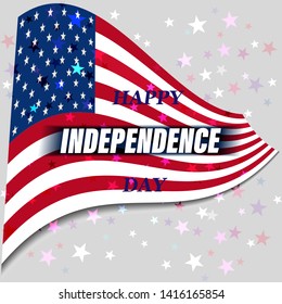 USA Independence Day greeting card, flag with the signature of Happy Independence Day, on a light background with bright stars.