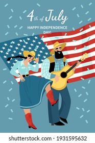 USA Independence Day greeting card with American flag, country musician and dancing girl. Vector illustration in flat style