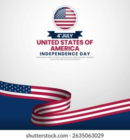 USA independence day greeting card, square banner background with America waving ribbon flag