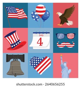 USA Independence Day greeting card with American symbols including Liberty statue, bell, eagle, and flag for 4th July celebration