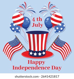 USA Independence Day greeting card with Uncle Sam hat, balloons, and national flag, ideal for patriotic celebration, 4th July posters, invitations, and festive decorations