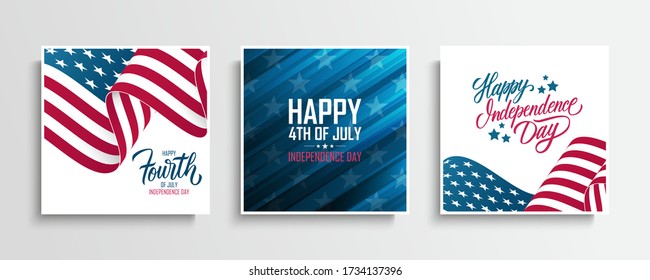 USA Independence Day greeting cards set with waving american national flag. Fourth of July. United States national holiday vector illustration.